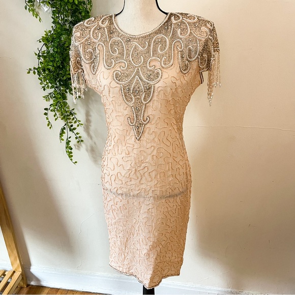 Vintage Dresses & Skirts - Vintage Lew Magram  Peach Silk Beaded Cocktail Dress Medium